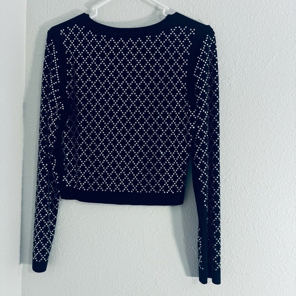 Black Stretch Long Sleeve Rhinestone Embellished Crop Top Size Large​​​ - Picture 3 of 5
